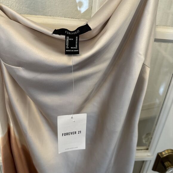 One Shoulder Satin Midi Dress Women's M Beige Brown Side Zip - Picture 5 of 10